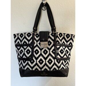 L.A.M.B. Black & White Geometric Canvas Tote with Leather Trim